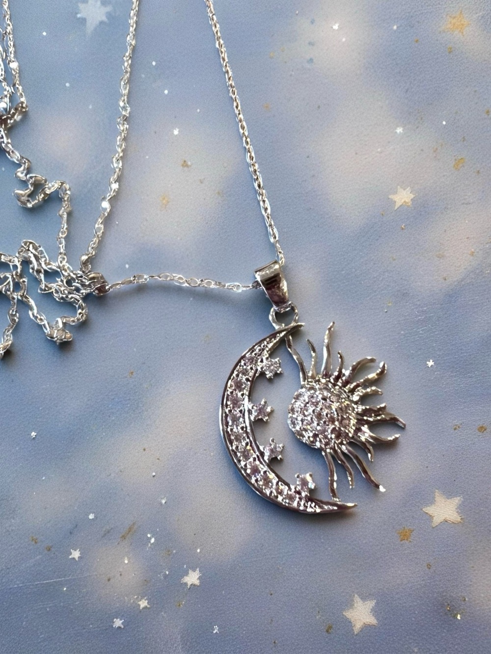 Silver Sun, Stars, and Moon Pendant Necklace - Celestial Sparkle - Picture 4 of 17